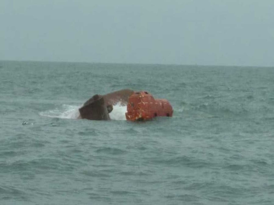 Abandoned Vessel/Dredger Tridevi Prem belonging to Mercator Limited, Mumbai, sank about two nautical mile away from shore off New Mangalore Port 