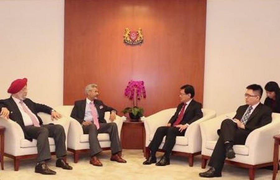 "Cordial meeting with Deputy PM & Finance Minister @MOFsg Heng Swee Keat along with Minister @HardeepSPuri. Discussed refreshing the India-Singapore agenda by exploring opportunities provided by New India," tweeted Jaishankar. (Photo: Twitter)