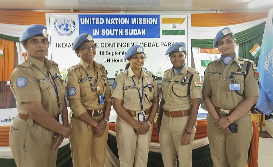 Indian women police officers received the UN medal at a medal parade in United Nations Mission in Juba, South Sudan. (PTI Photo)