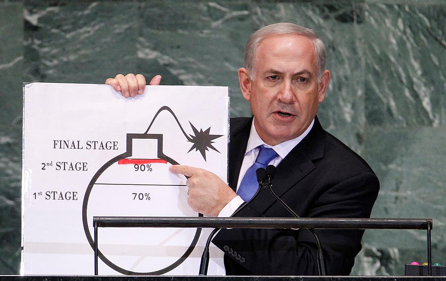 Israel's Prime Minister Benjamin Netanyahu a graphic of a bomb he drew, while addressing the 67th United Nations General Assembly at the U.N. Headquarters in New York, September 27, 2012. (Photo by Reuters)