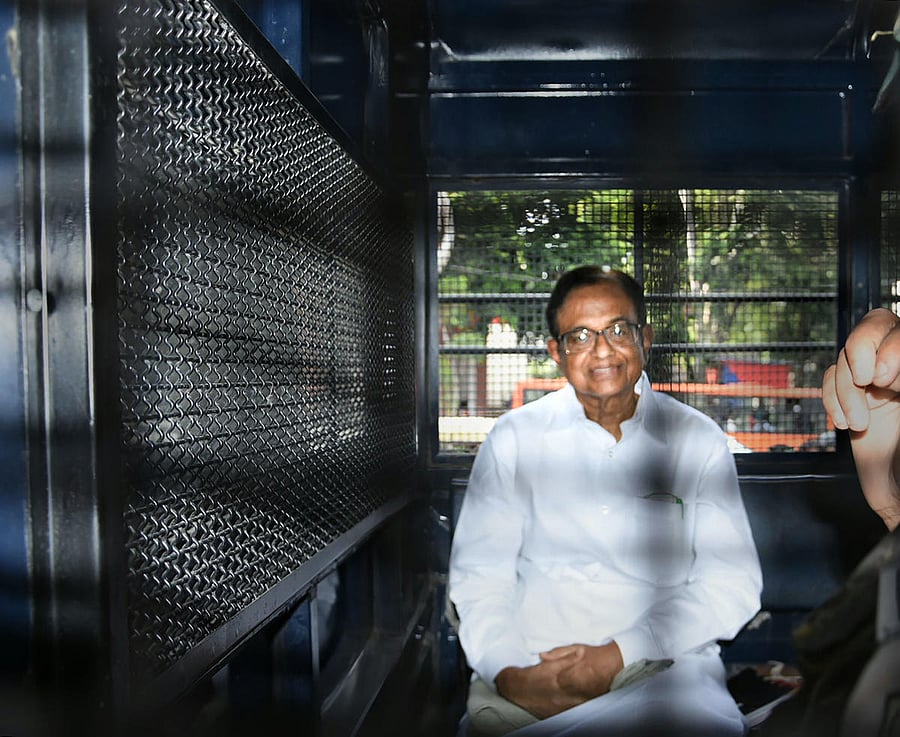 Former finance minister P Chidambaram being taken to Tihar jail. (PTI Photo)