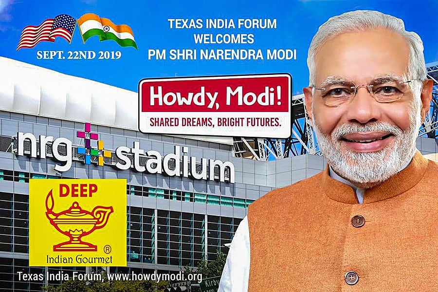 A billboard, welcoming Prime Minister Narendra Modi, installed at NRG Stadium (PTI Photo)