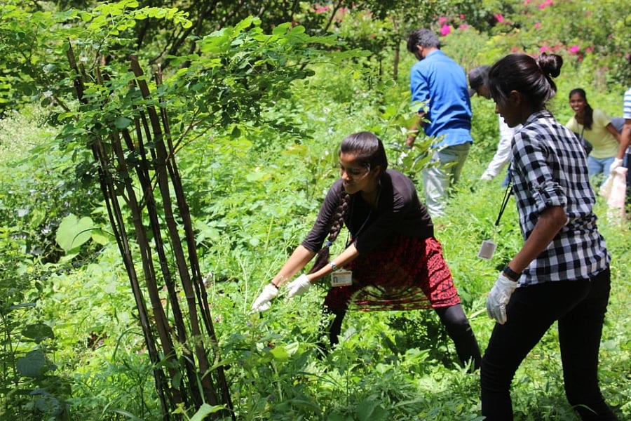 Students clean the Doddakallasandra Lake premises on Saturday. SPECIAL ARRANGEMENT