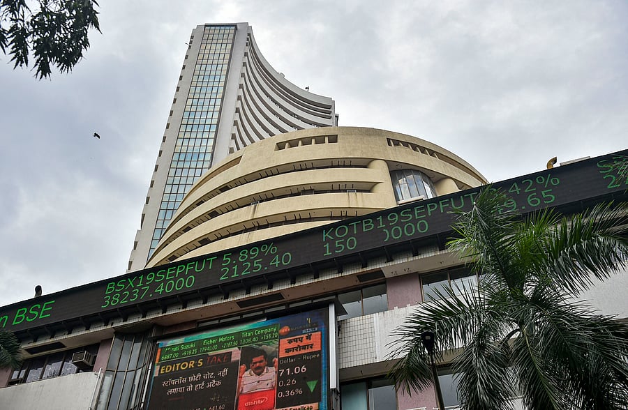 Stock prices displayed on a digital screen outside BSE building, in Mumbai. (PTI Photo)