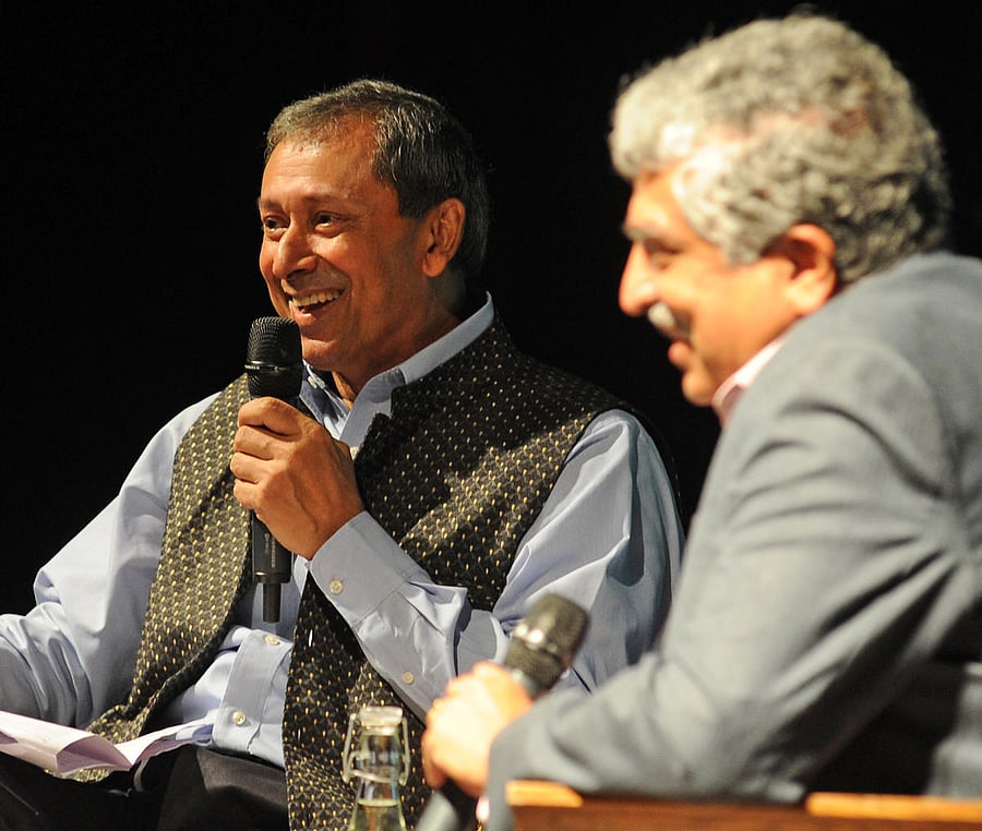 Former diplomat Jaimini Bhagwati in conversation with Infosys non-executive chairman Nandan Nilekani on Tuesday. DH photo/Pushkar V