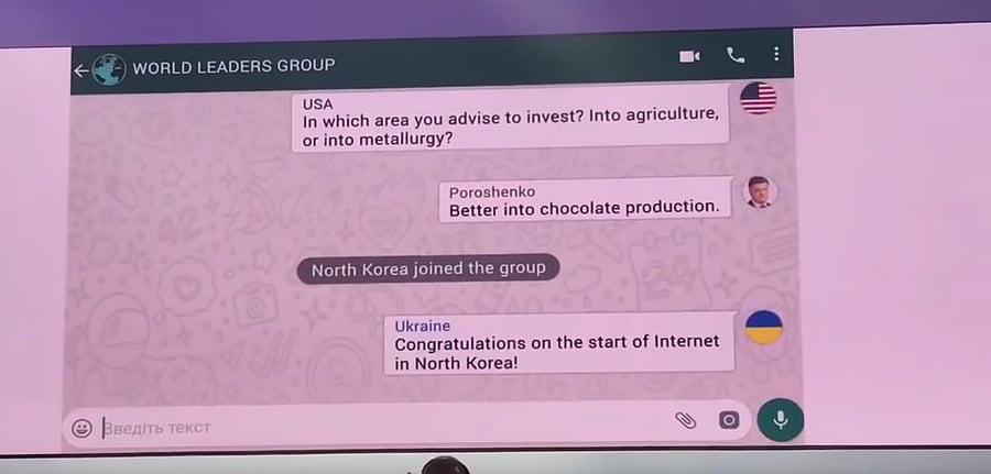 Volodymyr Zelensky starts his presentation with a video of an imaginary Whasapp group chat (Screengrab frm Youtube video)