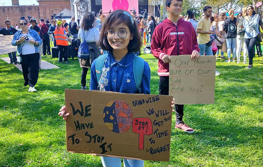 Ridhima Pandey protesting with other young activists in New York.