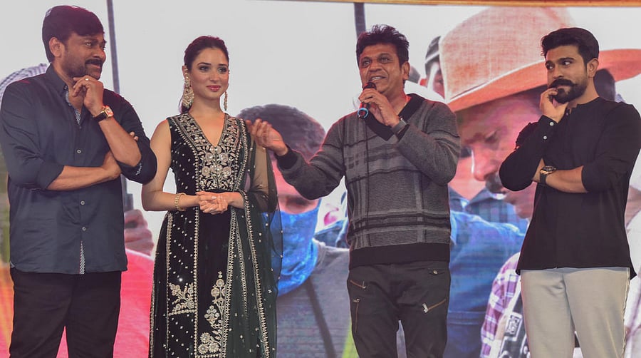 (From left) Chiranjeevi, Tamannaah Bhatia, Shivarajkumar, and Ram Charan at the pre-release event of ‘Sye Ra Narasimha Reddy’ on Sunday. DH photo by S K Dinesh