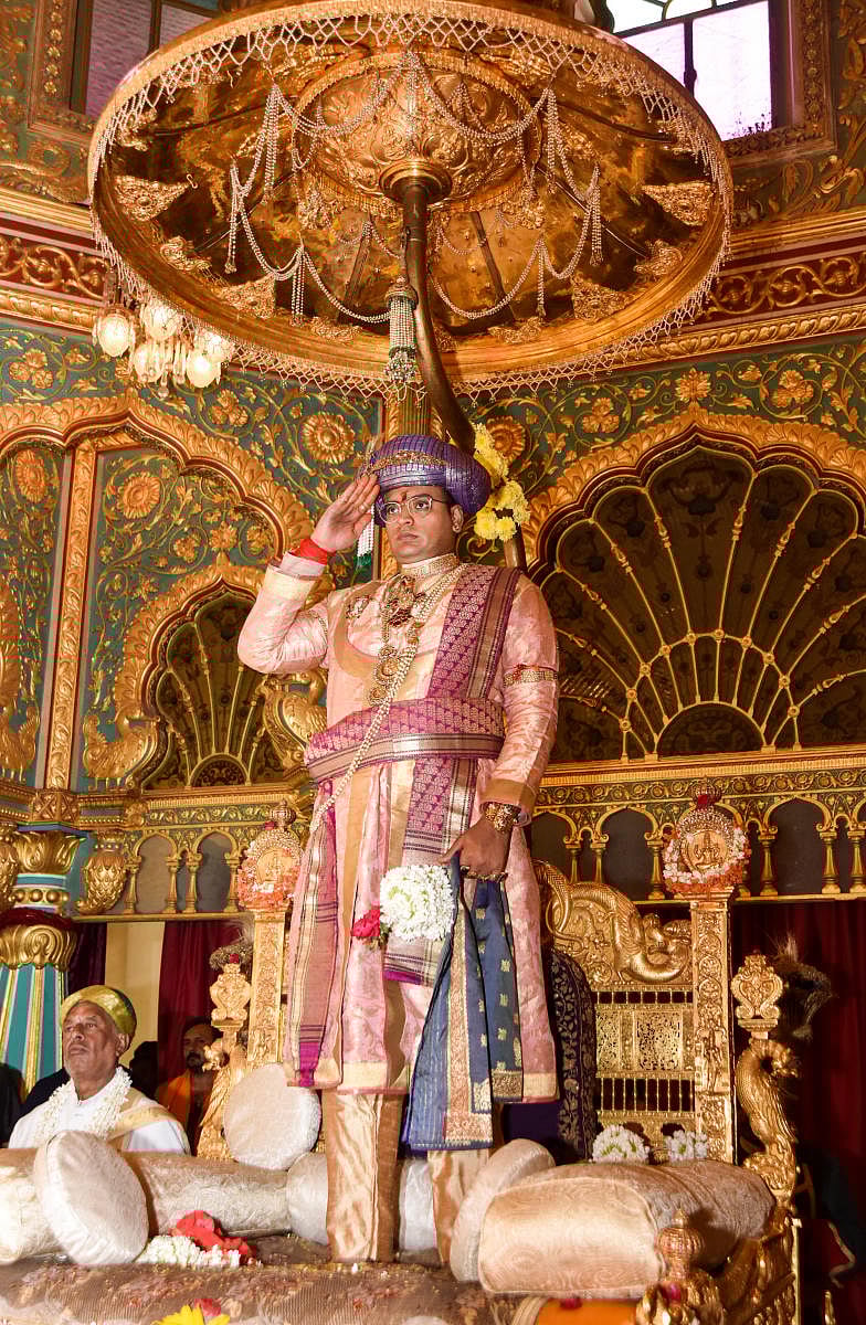 Yaduveer Krishnadatta Chamaraja Wadiyar performs Khasa (private) darbar as part of Navaratri celebration, at Mysuru Palace, in Mysuru, on Wednesday. (DH Photo/Ssvitha BR)