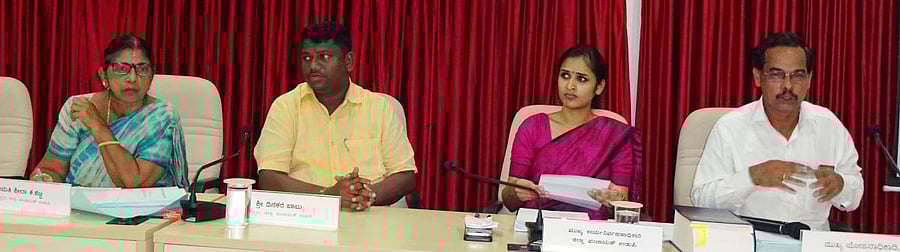 Zilla panchayat president Dinaker Babu, ZP CEO Preethi Gehlot and others at a meeting in Udupi Zilla Panchayat on Saturday.
