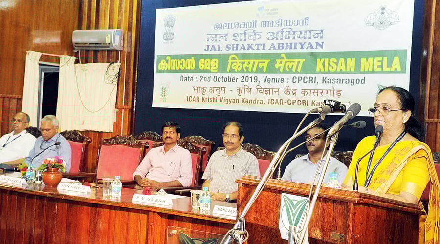Dr Anitha Karun, director of CPCRI, Kasargod, speaks at the Jal Shakti Abhiyan programme in Kasargod.