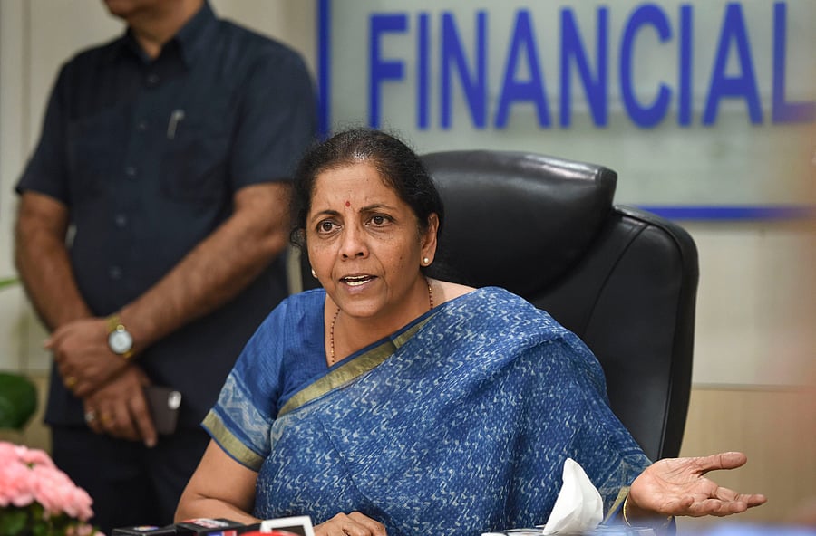Finance Minister Nirmala Sitharaman addresses the media following a meeting with CMDs of Public Sector Banks in New Delhi. (PTI Photo)