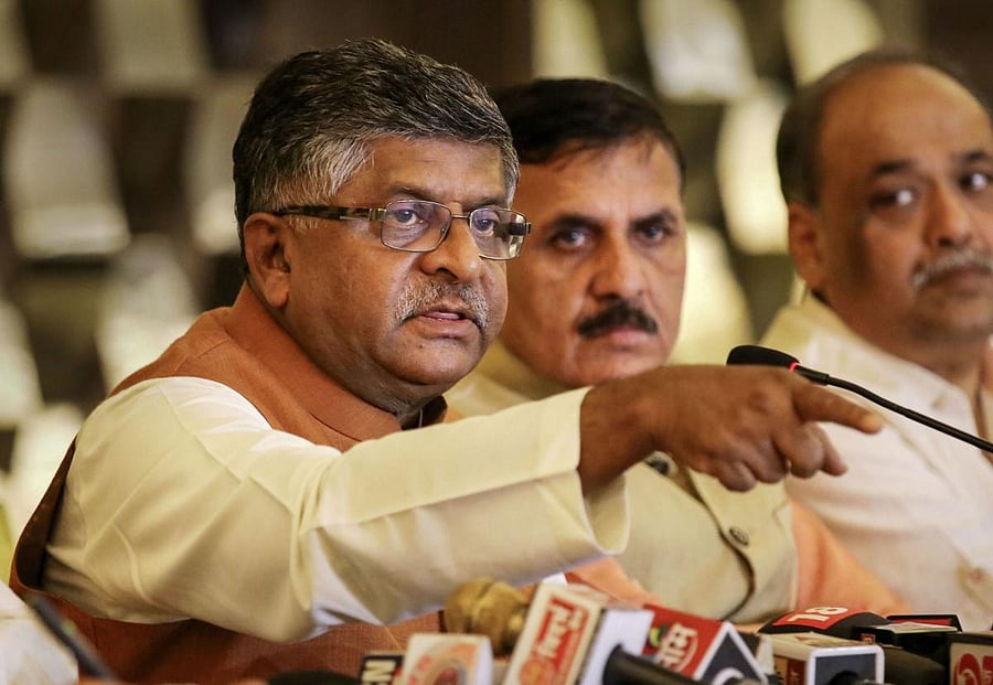 Union Telecom Minister Ravi Shankar Prasad addresses a press conference in Nagpur, Maharashtra on Wednesday. (PTI Photo)