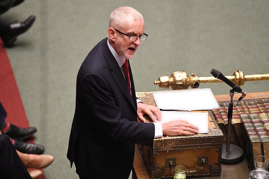 Britain's opposition Labour Party Leader Jeremy Corbyn speaks during a debate after the Queen's Speech in the House of Commons, in London, Britain October 14, 2019. (UK Parliament/Jessica Taylor/Handout via REUTERS)