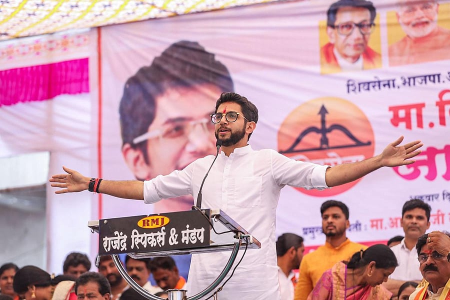 Yuva Sena chief Aditya Thackeray addresses an election campaign rally ahead of Maharashtra Assembly polls, in Pune, Friday, Oct. 18, 2019. (PTI Photo)