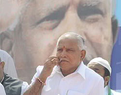 KJP President B S Yeddyurappa at the protest against BJP government which has discontinued organized by KJP at Freedom in Bangalore on Wednesday. DH photo