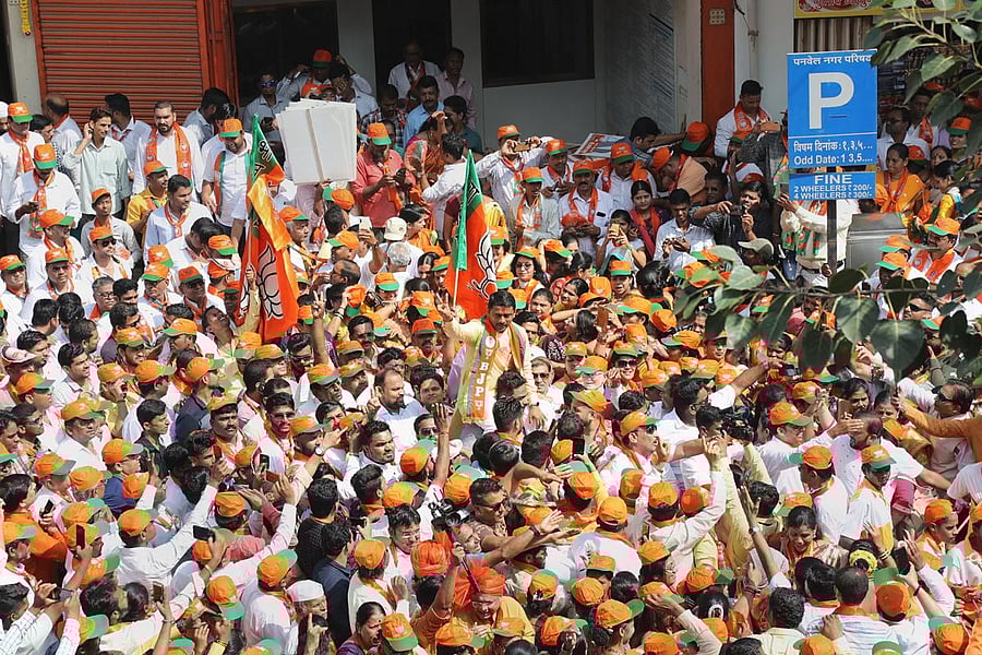 Bharatiya Janata Party (BJP) candidate for the Panvel constituency Prashant Thakur arrives to file his nomination paper for the Maharashtra Assembly elections, in Panvel, Thursday, Oct. 3, 2019. (PTI Photo)