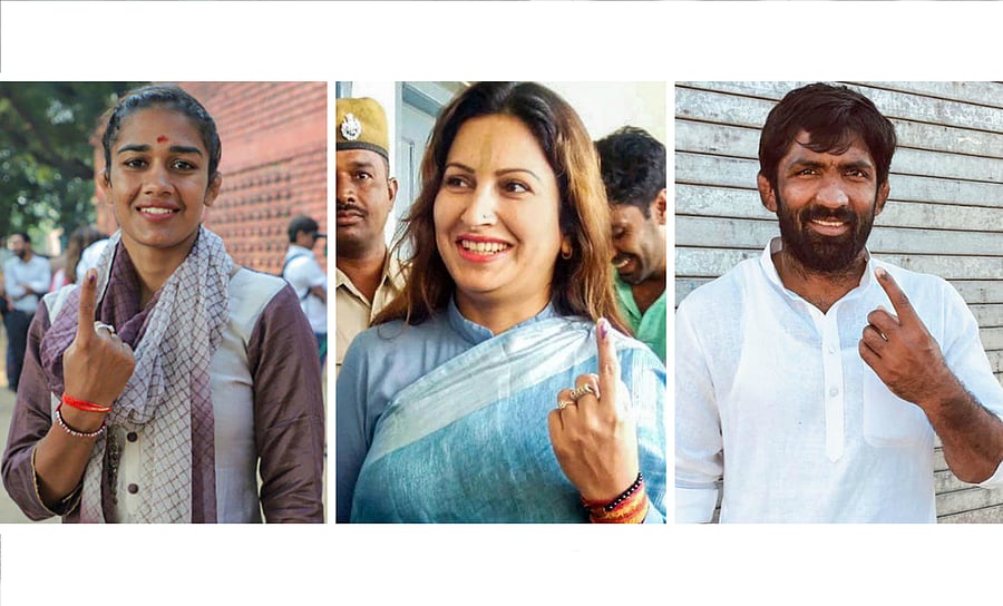 Sportspersons Babita Phogat (L) and Yogeshwar Dutt (R), and TikTok star Sonali Phogat (C) (PTI Photos)