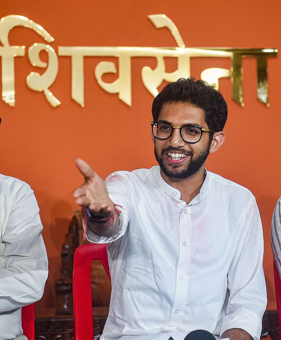 Shiv Sena leader Aditya Thackeray during a press conference at Sena Bhavan in Mumbai. (PTI Photo)