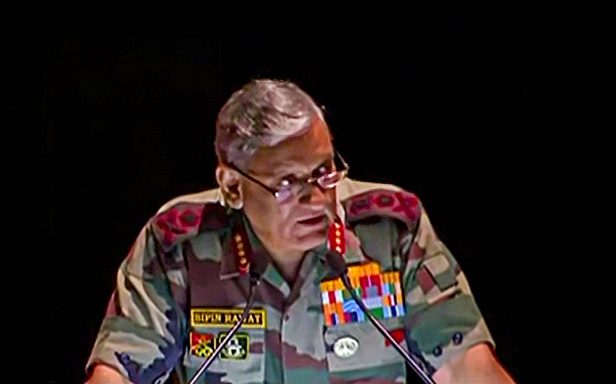  Army Chief Bipin Rawat delivers a lecture at the KM Cariappa Memorial Lecture in New Delhi. (PTI Photo)