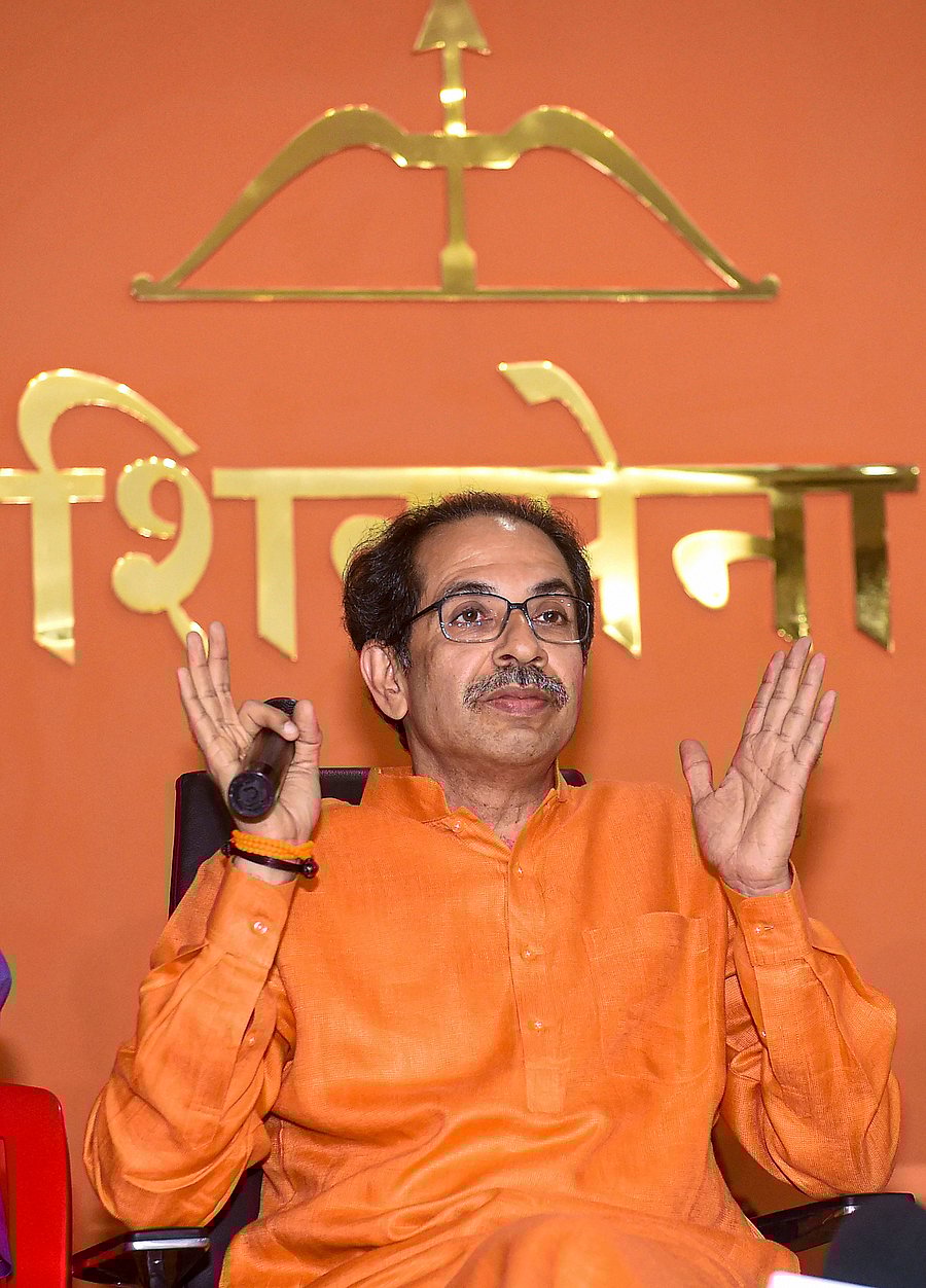 Shiv Sena chief Uddhav Thackeray speaks during a press conference at Sen Bhavan in Mumbai. (PTI Photo)