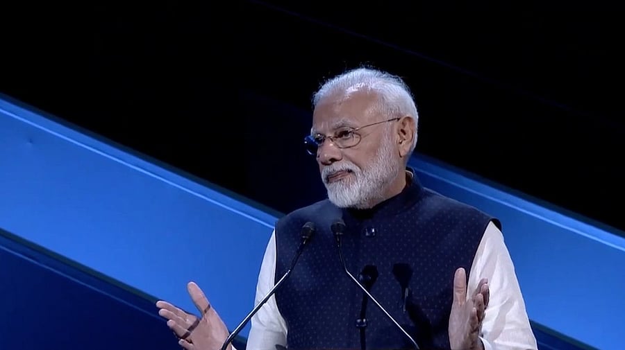 PM Modi addressing a session at the Future Investment Initiative 2019 in Riyadh, Saudi. (Twitter Photo/BJP)