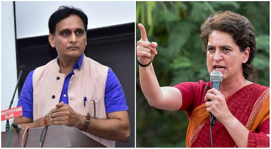 BJP MP Rakesh Sinha(L) and Congress General Secretary Priyanka Gandhi Vadra (R)