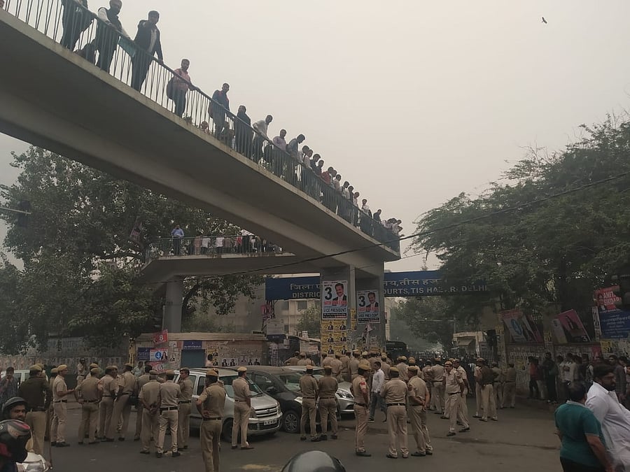Police vehicles, parked within the premises were torched as the scuffle started on the issue of parking.