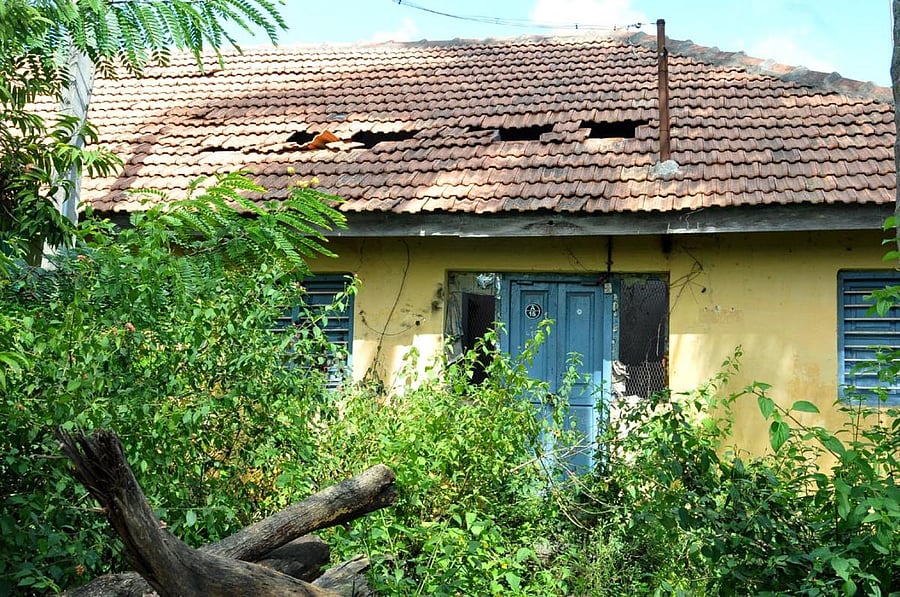 The damaged roof of a police quarters at Ramanahalli.