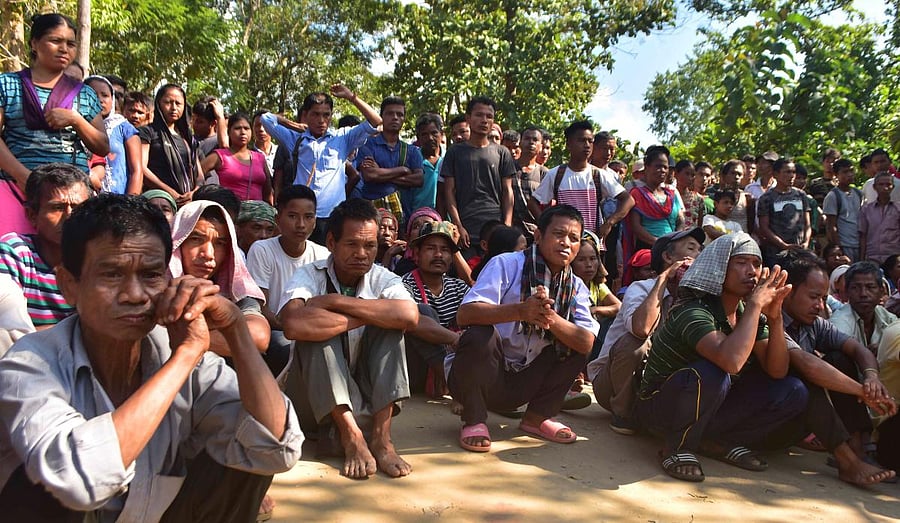 The refugees have been agitating near their Naisingpara relief camp in Tripura North district since Thursday seeking resumption of the ration supply to the camp inmates. (Photo: Tanmoy Chakraborty)