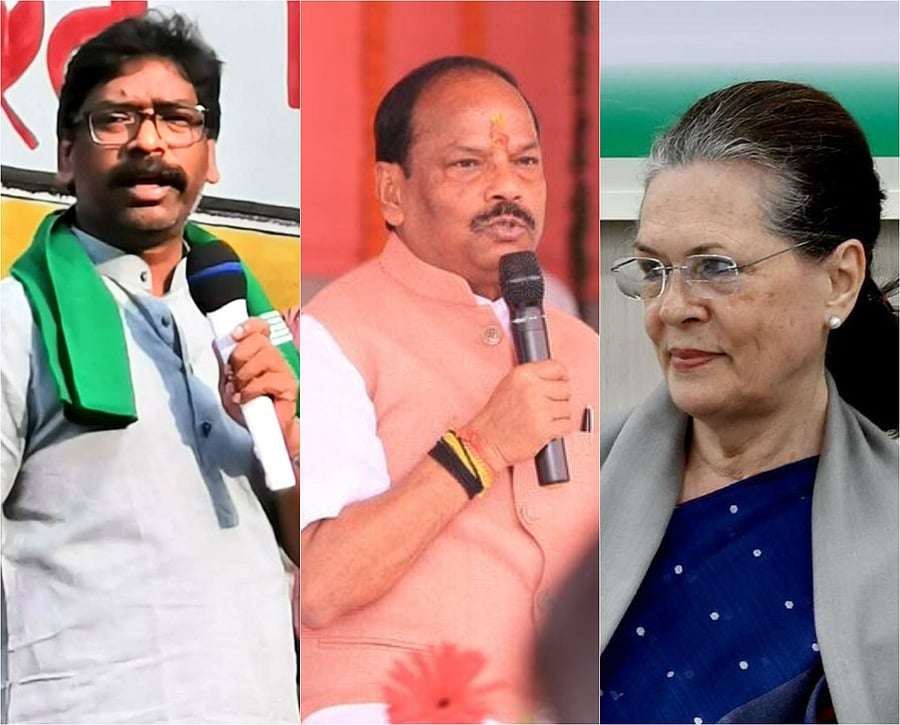 Jharkhand Mukti Morcha president Hemant Soren (L), Jharkhand Chief Minister Raghubar Das (C) and Congress President Sonia Gandhi (R)
