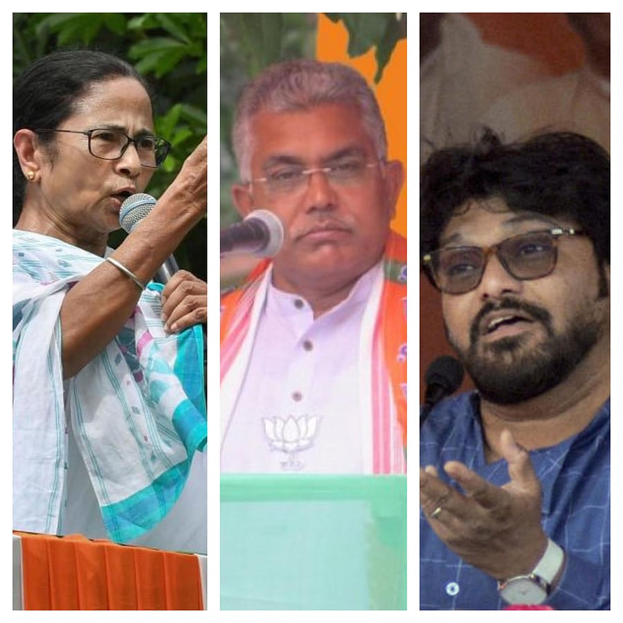 West Bengal Chief Minister Mamata Banerjee (L), state BJP president Dilip Ghosh (C) and Union Minister Babul Supriyo (R).
