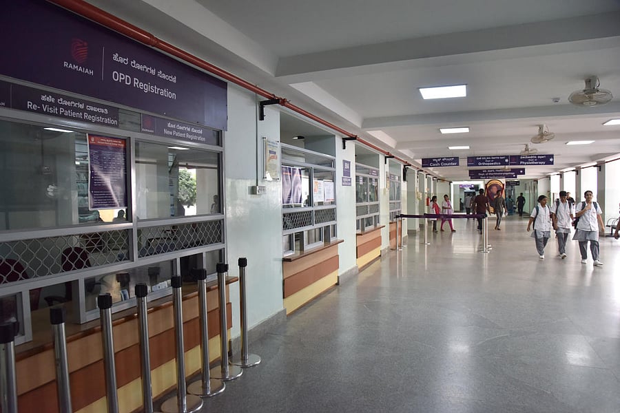 The OPD at Ramaiah hospital wears a deserted look on Friday. DH PHOTO/JANARDHAN B K