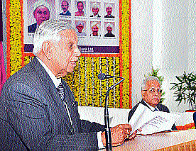 Former chief justice of India Justice Venkatachalaiah speaks at the Founders Day Lecture organised by Karnataka Bank Ltd, at the Banks auditorium in Mangalore on Monday.