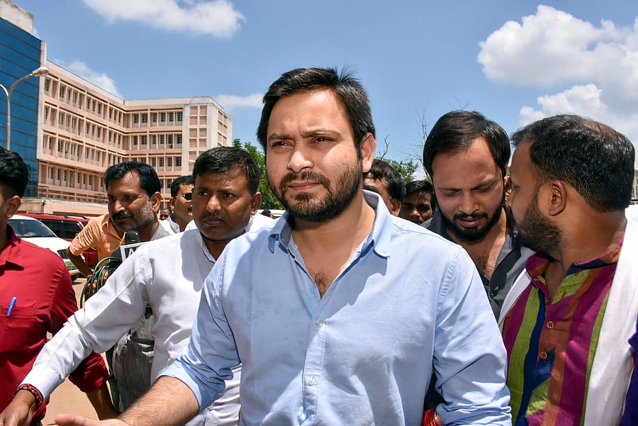 RJD leader Tejashwi Yadav speaks to the media. (PTI Photo)