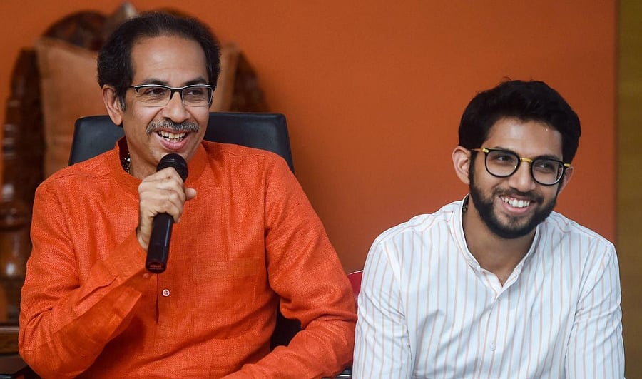 Shiv Sena President Uddhav Thackeray along with Yuva Sena Chief Aaditya Thackeray. (PTI photo)