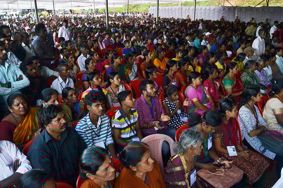 Flood victims take part in an interaction with Chief Minister H D Kumaraswamy in Madikeri on Wednesday.