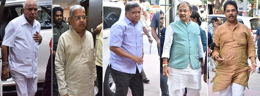 Chief Minister B S Yediyurappa, his deputy Govind M Karjol, Large and Medium Scale Industries Minister Jagadish Shettar, former minister Arvind Limbavali and Revenue Minister R Ashoka arrive for BJP core committee meeting at the party office in Bengaluru