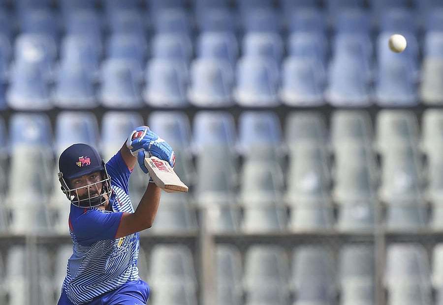  Mumbai batsman Prithvi Shaw plays a shot during the Syed Mushtaq Ali Trophy cricket match against Assam at Wankhede Stadium in Mumbai, Sunday, Nov. 17, 2019. (PTI Photo/Mitesh Bhuvad)