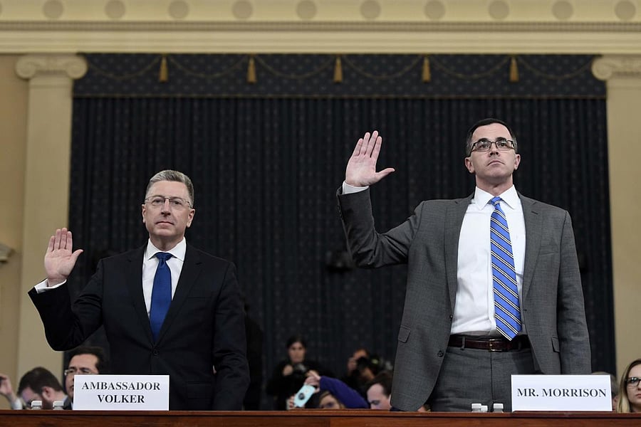 Washington: Ambassador Kurt Volker, left, former special envoy to Ukraine, and Tim Morrison, a former official at the National Security Council are sworn in to testify before the House Intelligence Committee on Capitol Hill in Washington, Tuesday, Nov. 19