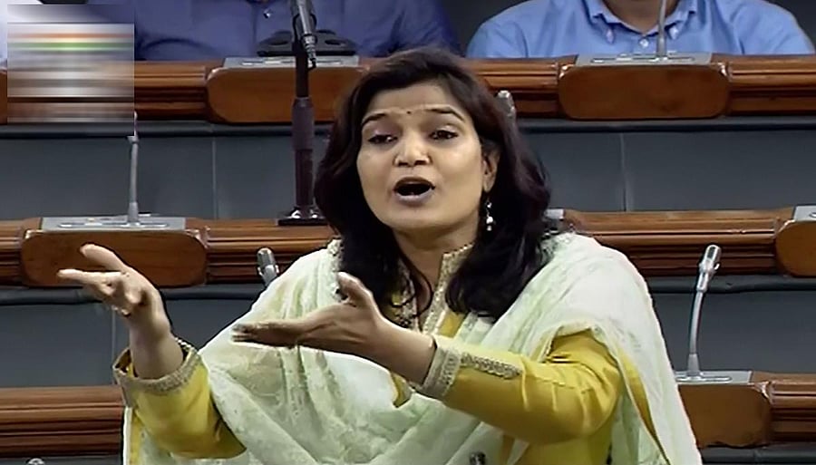 Shiv Sena MP Bhavana Gawali speaks in the Lok Sabha during the Winter Session of Parliament, in New Delhi, Thursday, Nov. 21, 2019. (LSTV/PTI Photo)
