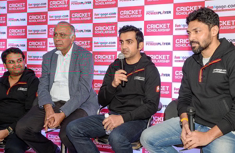 Cricketer Gautham Gambhir speaking at the launch of Funngage.com cricket scholarship during the program at M Chinnaswamy Stadium in Bengaluru. (DH photo)