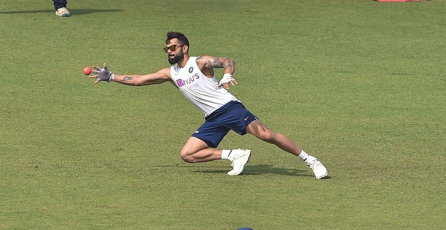 Indian captain Virat Kohli takes catching practice during a training session on Thursday. PTI