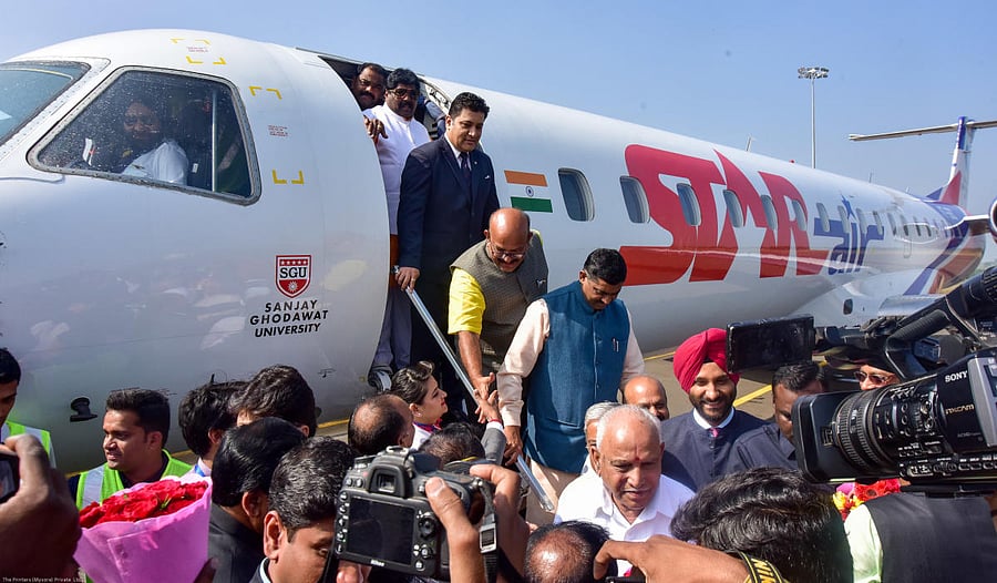 Chief Minister B S Yediyurappa, P Muralidhar Rao and other leaders alighting a flight in Kalaburagi on Friday.