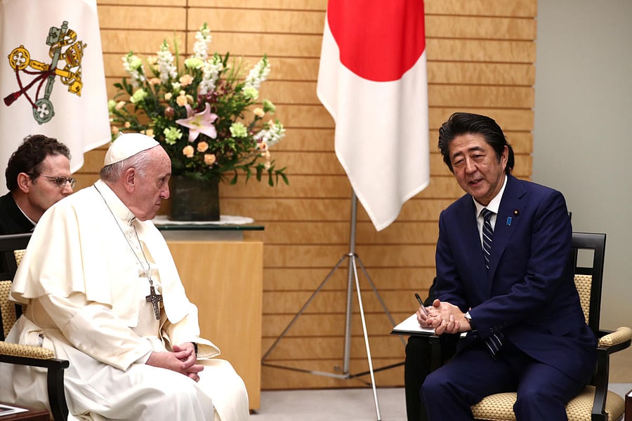 Pope Francis meets Japanese Prime Minister Shinzo Abe at the prime minister’s official residence, also known as Sori Daijin Kantei, in Tokyo. Reiters