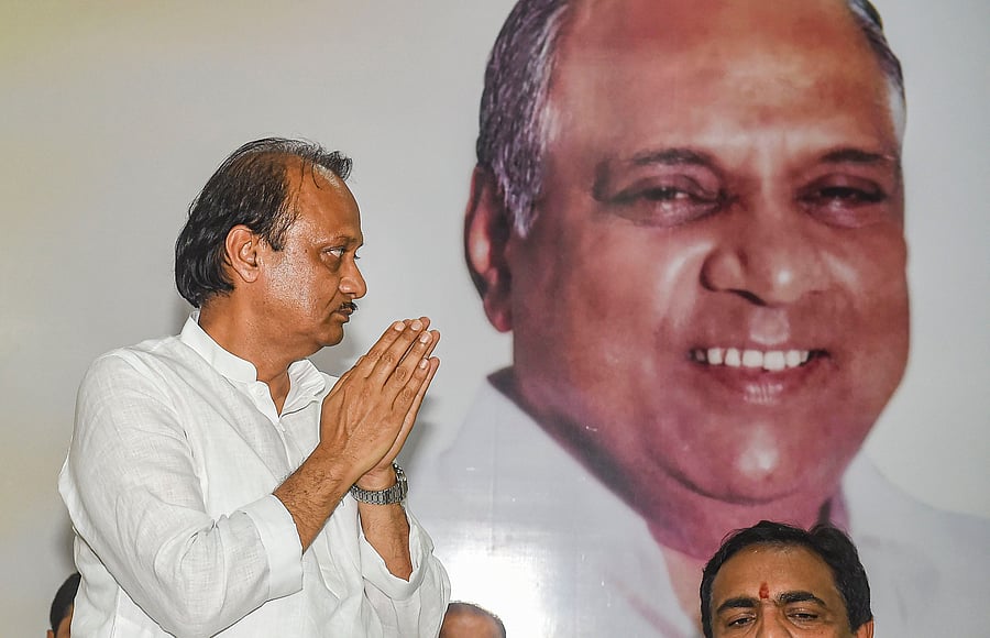 Ajit Pawar gestures after being elected as the Maharashtra NCP legislature party leader, in Mumbai. (PTI Photo)