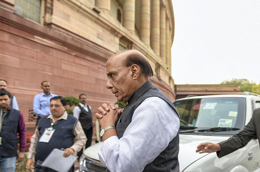 Union Defence Minister Rajnath Singh arrives for the Winter Session of Parliament, in New Delhi, Wednesday, Nov. 27, 2019. (PTI Photo/Vijay Verma)