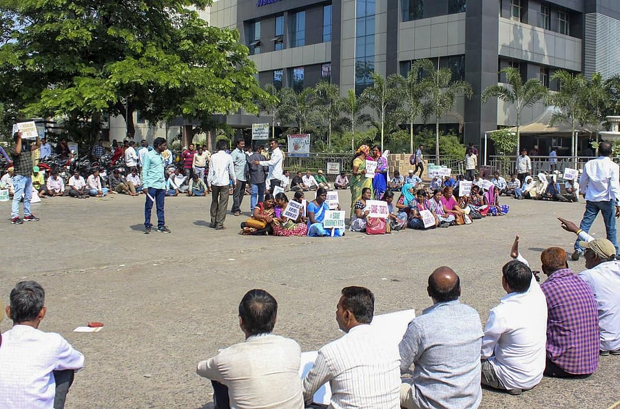Employees of Telangana State Road Transport Corporation (TSRTC) during their ongoing strike. PTI