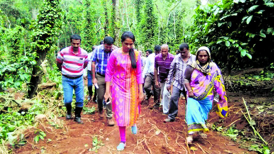 Deputy Commissioner Annies Kanmani Joy visits the encroachment clearing site at Abhyath Mangala on Sunday.