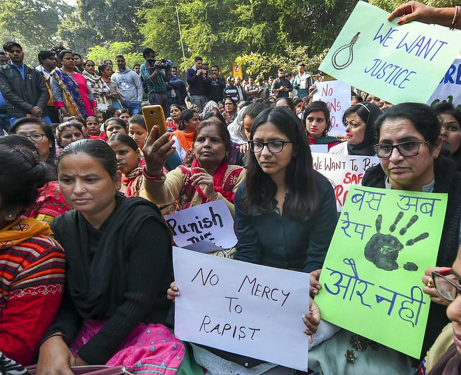 Delhi Commission for Women (DCW) chairperson Swati Maliwal sits on indefinite hunger strike against the Hyderabad rape-murder case. PTI photo